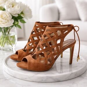 BCBGeneration Rust Brown Suede Laser-Cut Tie-Back Peep Toe Heels